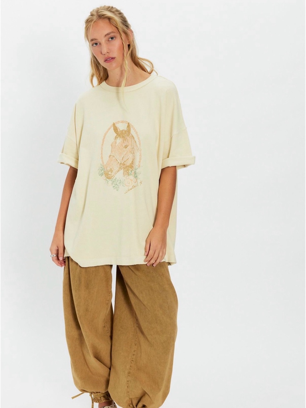 We the free OVERSIZED Cream Ribbed Short-Sleeve Tee